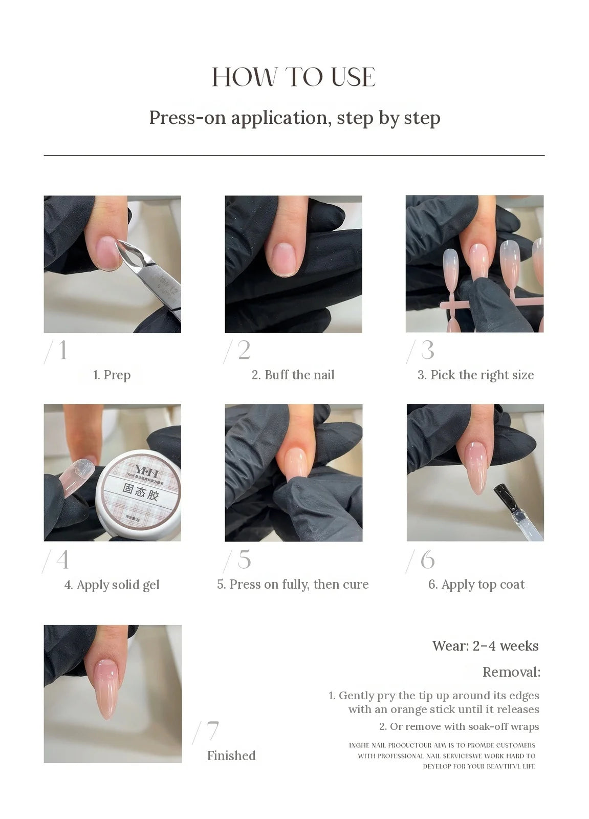 How to apply press-on tips with YHH Solid Gel, step by step, and how to remove them