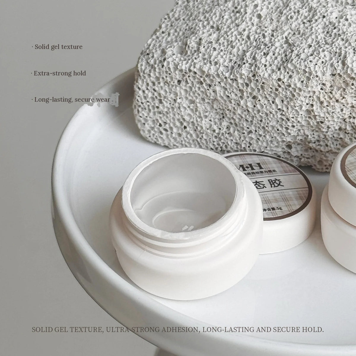 Open jar of YHH Solid Gel: solid texture, strong hold