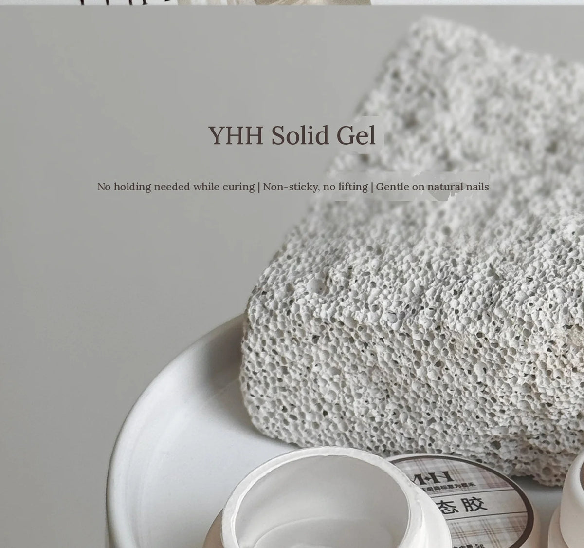 YHH Solid Gel jar beside a stone, no holding needed while curing