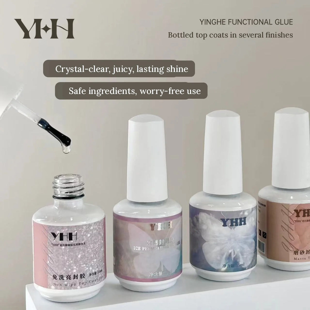 YHH bottled top coat lineup with English labels: crystal-clear shine, safe ingredients