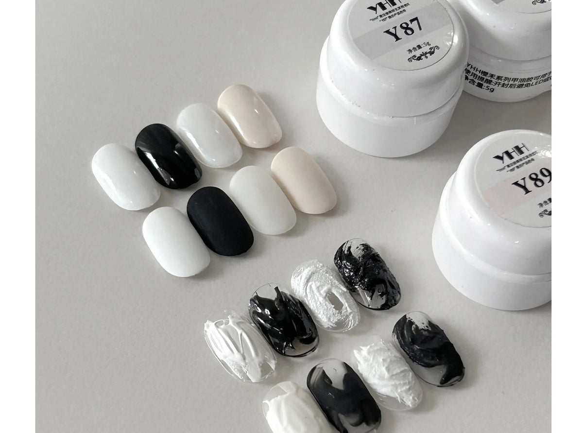 YHH Y87 relief gel and Y89 plaster gel jars with marbled art swatches