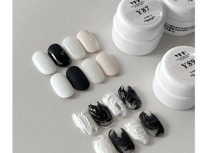 YHH Y87 relief gel and Y89 plaster gel jars with marbled art swatches