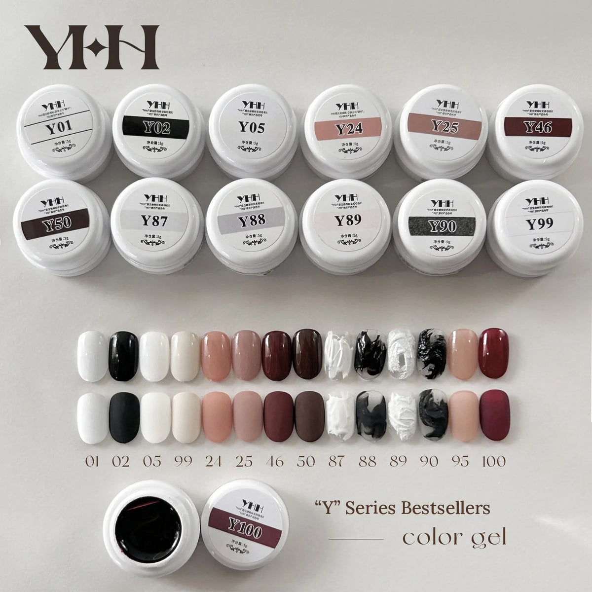 YHH Y Series gel color jars and swatch tips for all 14 bestselling shades