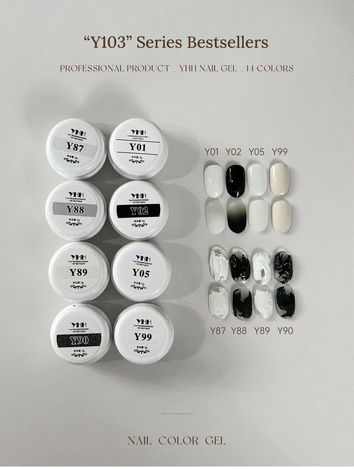 YHH Y103 series bestseller chart: white, black, relief and plaster gel jars with swatches