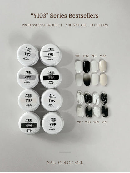 YHH Y103 series bestseller chart: white, black, relief and plaster gel jars with swatches