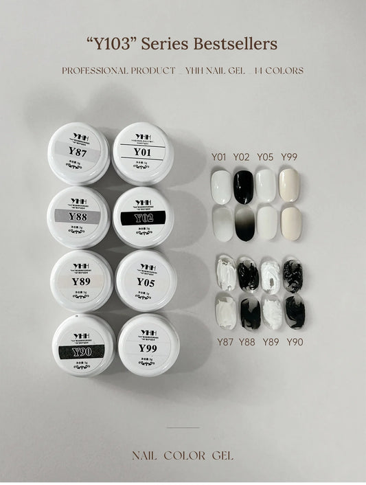 YHH Y103 series bestseller chart: white, black, relief and plaster gel jars with swatches