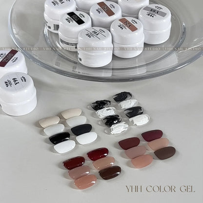 YHH Y Series gel jars on a glass plate with swatch tips