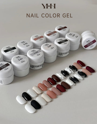 Row of YHH Y Series 5 g gel jars with painted swatch tips