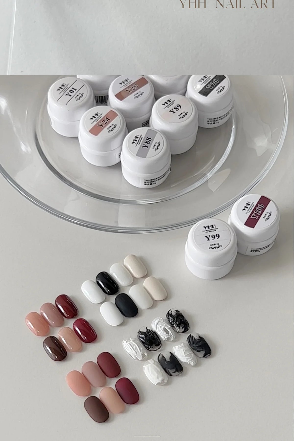 YHH Y Series jars on a glass plate with assorted swatch tips