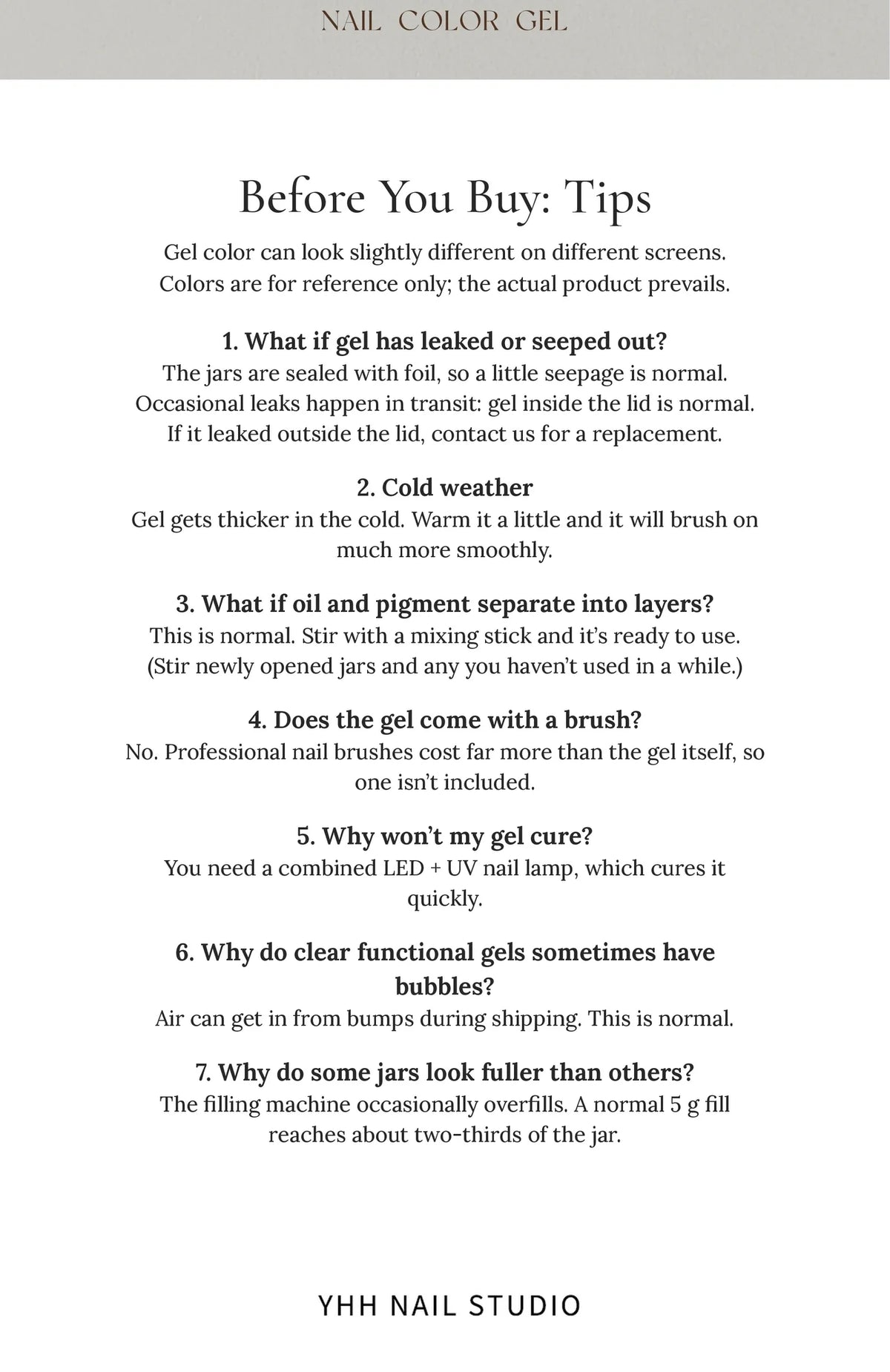 YHH gel color buying tips card in English