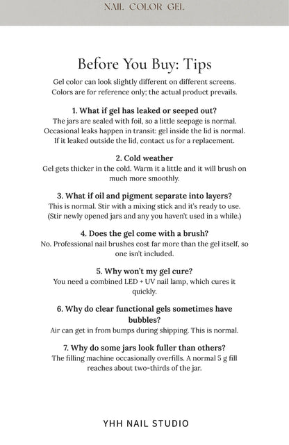 YHH gel color buying tips card in English